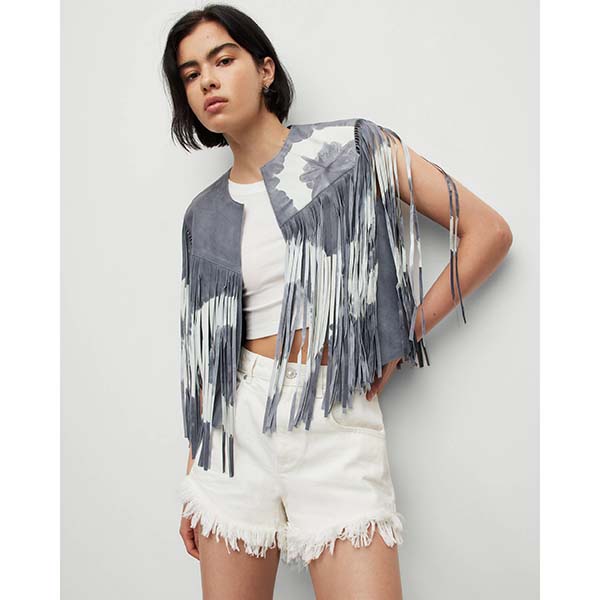 Allsaints Australia Womens Evie Leather Tie Dye Tassel Vest Blue AU62-231